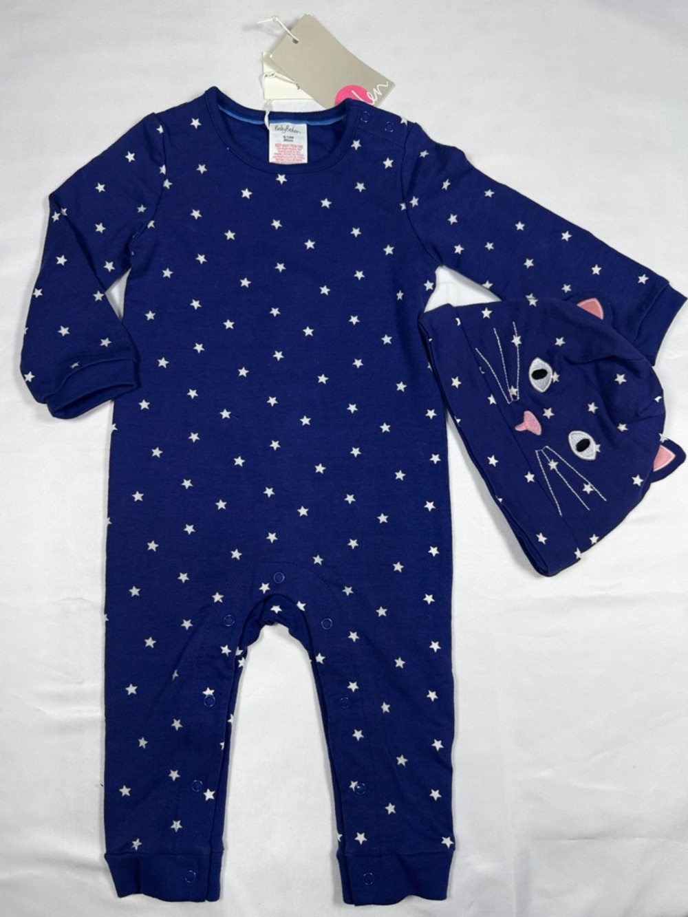 NWT rare Baby Boden Star Print Romper Set 9-12M Blue Cat Hat Outfit Boutique